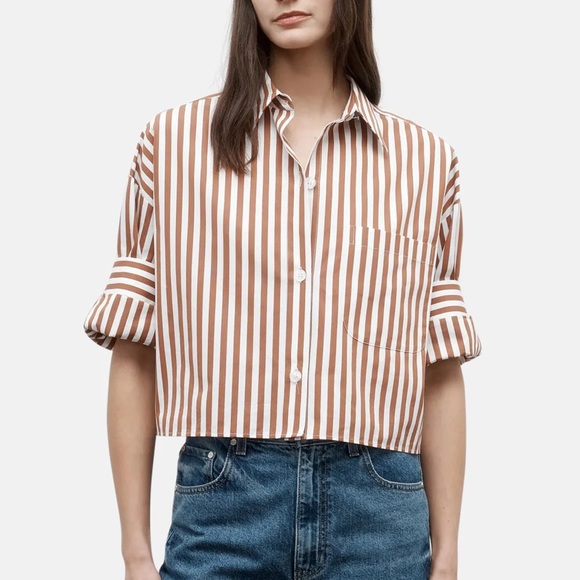 TWP Tops - TWP NEXT EX SHIRT IN IVORY/COGNAC brown button down crop cotton